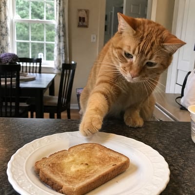 Cat reaching for toast on the kitchen counter